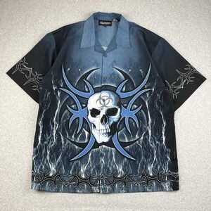 VTG Sapphire Lounge Button Shirt Mens 2XL XXL Blue Skull Tribal Flame Camp Y2K